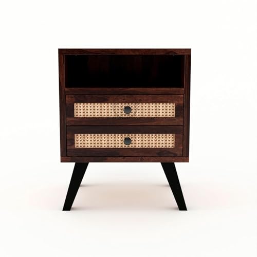 Image of Wooden Bedside Table with 2 Cane Rattan Drawers & Open Shelf | Modern Nightstand for Bedroom (Walnut Finish)