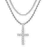 GEMOSA Cross Chain for Men Silver Cubic Zirconia Stainless Steel Layered Cuban Link Rope Necklace 16-24 In Diamond Iced Out Pendant