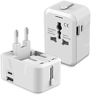 2-Pack Travel Adapter Worldwide, All in One European Universal International Power Travel Plug Adapter W/ 2.4A Type C & 2.4A USB-A Ports Wall Charger for USA EU UK AUS Cell Phone Laptop - White