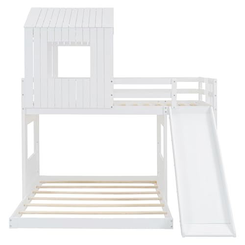 Image of Bellemave Bunk beds Twin Over Full with Slide,Ladders,House roof Design, Low bunk /loft Bed for Kids,White