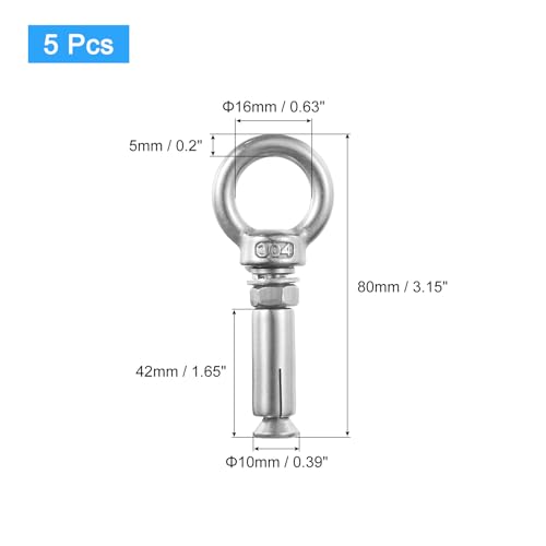 Image of uxcell Ring Lifting Expansion Eyebolt, 5pcs M6x60mm 304 Stainless Steel Expansion Screw with Eye Ring for Concrete Brick Wall