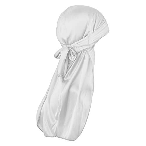 WLLHYF Silk Durag Long Tail Durag Breathable Pirate Headwraps Cap for 360 Waves Soft Bandana Turban Hat Hair Loss Chemo Cap (White)