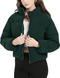 Flygo Womens Cropped Corduroy Puffer Jacket Winter Jackets Warm Long Sleeve Zip Quilted Down Puffer Coat(DarkGreen-S)