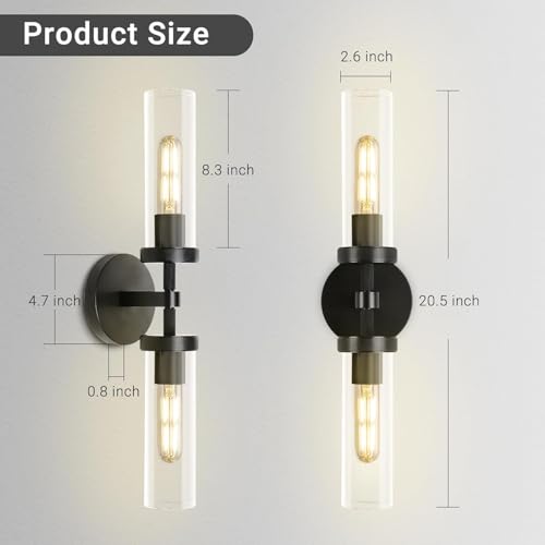 Image of Bathroom Wall Sconce Hardwired, Black Wall Sconces Set of 2, 20.5 inch Vanity Lights Over Mirror, Linear Wall Sconce Dimmable, Bathroom Light Fixtures Glass Tube, Bronze Wall Sconces Interior