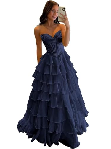 FoinLuve Ruffle Prom Dress Corset Tiered 2025 Strapless Long Chiffon Formal Evening Gown with Slit...