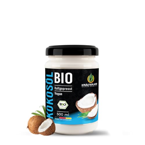 Kräuterland Bio Kokosöl, Kokosfett 500ml - Kokosnussöl nativ, kaltgepresst, hoch erhitzbar - zum Kochen, Braten und Backen in Premium Rohkostqualität