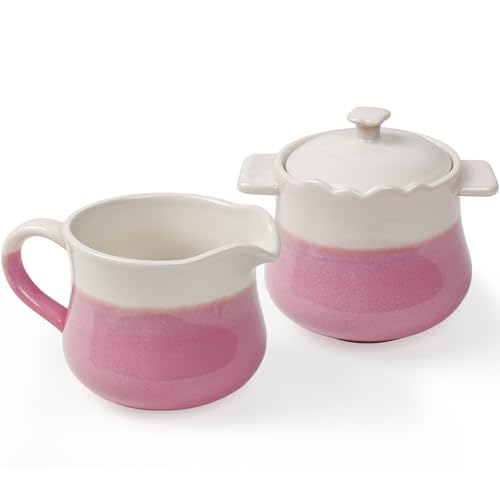 INGOFIN Ceramic Sugar and Creamer Set, 2-Piece French Style Cream Pitcher and Sugar Bowl with Lid, Coffee and Tea Serving Set for Home and Kitchen, Microwave & Dishwasher Safe, Pink and Beige
