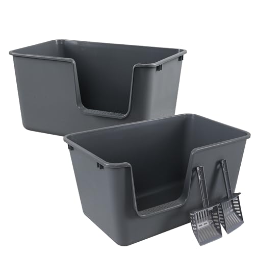 Afromy Large Cat Litter Box with High Sides, Easy to Clean, Litter Box for Big Cats&Multiple Cats (Pack of 2, Grey)