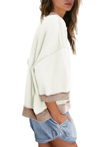 Panadila Womens Oversized Short Sleeve Sweatshirt Crewneck 3/4 Sleeve Tops Summer Cute Color Block Pullover Sweatshirt3