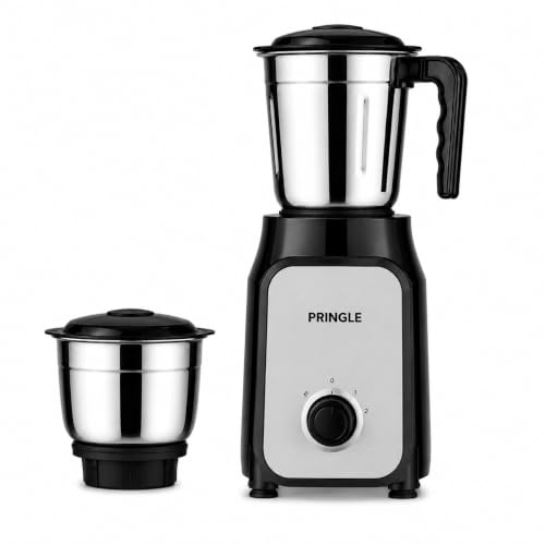 Image of Pringle Bolt 550W 2 Jar Mixer Grinder for Kitchen | 2 SS Jars (Wet & Dry Grinder & Chutney) | Stainless Steel Blades | Compact & Powerful | 2 Yr Warranty | Black Silver