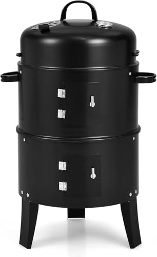 PTEROMYS 3-in-1 Charcoal Smoker BBQ Grill, Outdoor Vertical Charcoal Smoker with Built-in Thermometer & Adjustable Vent System, 2-Layer Separable BBQ Grills for Camping & Family Cooking (black)