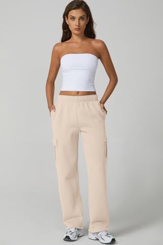 Image of QINSEN Baggy Medium Waist Elastic Sweatpants for Womens Casual Long Fleece Cargo Pants with Pockets