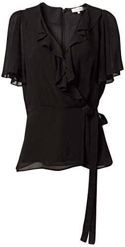Calvin Klein Women's Wrap Top with Ruffle Sleeve, Black, Large