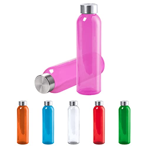 TIENDA EURASIA® Pack de 2 Botellas de Agua Transparente, 500 ml, Cuerpo de Cristal y Tapon a Rosca de Acero Inoxidable, Bidon para Camping, Gimnasio, Oficina, Botella Resistente, Color Fucsia