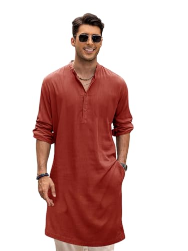 Kurta indienne homme coton rouge col mandarin manches longues coupe régulière S