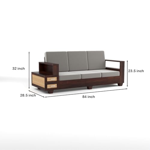 Image of Sheesham Wood 6 Seater Sofa Set with 2 Drawer Storage | 3+2+1 Wooden Sofa Set Furniture for Living Room Home Office (Natural Cane,Walnut Finish)
