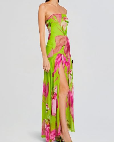 Image of Women 's Tube Top Dress Sleeveles Strapless Backless Mesh Patchwork Tropical Leopard Print High Slit Maxi Dress