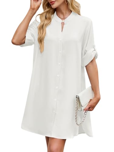 Image of PerZeal Womens Sexy V Neck Button Down Shirt Dresses Summer Short Sleeve Casual Loose Blouses & Button-Down Shifts Cover Ups