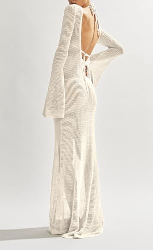Saodimallsu Womens Crochet Cover Ups Long Sleeve Sexy Mesh Backless Knit Swimsuit Coverup Beach Maxi Dress3