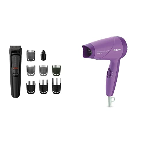 PHILIPS Multi Grooming Kit Mg3710/65, 9-In-1 (New Model), Face, Head And Body - All-In-One Trimmer, No Oil Needed, 60 Mins Run Time & Hp8100/46 Hair Dryer, Unisex