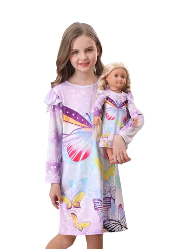 Bow Dream Toddler Girls Dress and Matching American Girl Doll Clothes for Girls Lavender Party Birthday Long Sleeve Dress