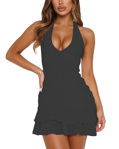 Image of Women's Summer Dresses 2026 Sexy Halter V Neck Backless Hollow Out Ruffle Bodycon Cocktail Party Vacation Mini Dress
