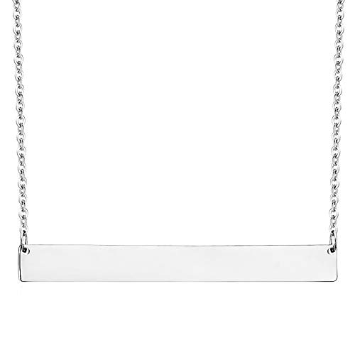 Lazycat Stainless Steel 18K Plated Bar Necklace with Engravable Bar Pendant (Silver)