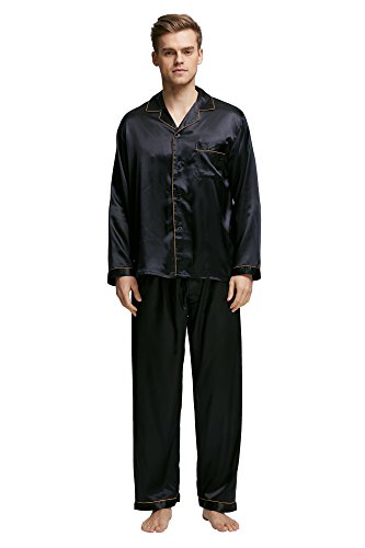 TONY & CANDICE Men's Classic Satin Pajama Set Sleepwear (Large, Black with Golden Piping)