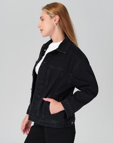 roswear Women’s Denim Jackets Oversized Button Long Sleeve Washed Jean Trucker Jacket with Pockets2