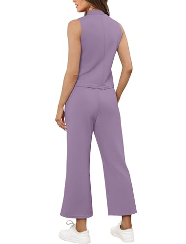 Image of SAMPEEL Two Piece Sets for Women Summer Outfits Lounge Sets Mock Neck Tops Wide Leg Crop Pants Vacation Travel Outfits