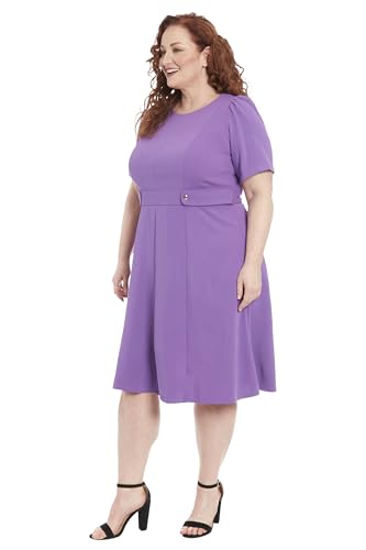 Image of London Times Women's Knit Eyelet Short Sleeve Crepe Inset Waist Midi with Button Detail