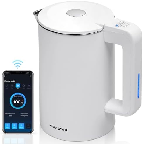 Aigostar - Inteligente Hervidor de Agua Temperatura Regulable de 40°C a 100°C, Conexión Wi-Fi, Alexa y Google Home. Doble Pared de Acero Inoxidable, 2200W, 1,7L, Mantener Caliente 24 hora, Blanco