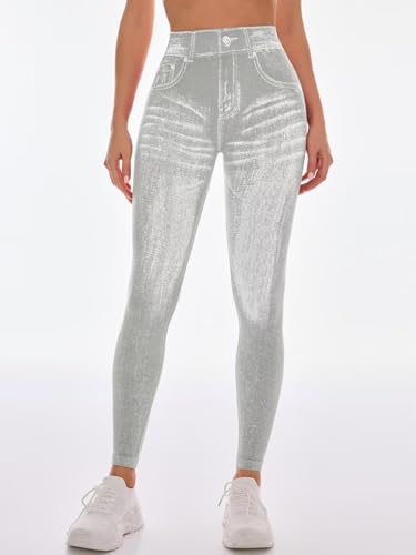 V Back Faux Denim Jeggings for Women Butt Lifting Tummy Control High Waisted Jeans Yoga Pants Scrunch Leggings2