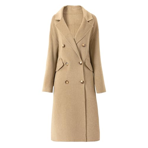 Women's Winter Double-Breasted Wool Blend Trench Coat with Notch Lapel - Elegant Long Coat for Office, Dinner