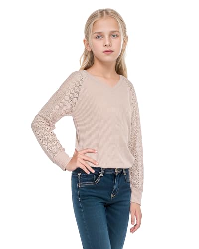 Kereda Girls Long Sleeve Shirts Lace V-Neck Knitted Pullover Casual Blouses Tops Khaki 13-14 Years thumb #1