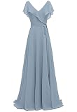 LY Dress Women's Bridesmaid Gown Formal Party Ball Gown V-Neck Long Evening Dress Grey blueUS14