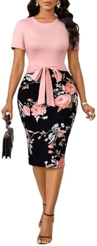 Yajedo Women's Short Sleeve Bodycon Midi Dress Printed Wear to Work Church Office Pencil Dresses with Belt, Floral Print-13, XXL