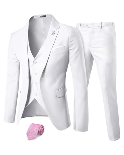 MrSure Men’s 3 Pieces Suit, Slim Fit Tuxedo with One Button, Jacket Vest Pants & Tie Set for Party, Wedding and Business
