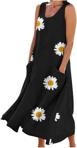 Vestidos de verano para mujer, talla grande, de algodón y lino, vestido largo, bohemio, casual, sin mangas, vestido largo de playa, vestidos de mujer, vestidos de verano sueltos con bolsillos, 10
