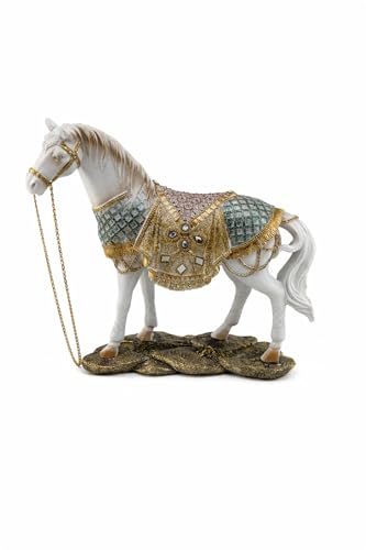 Elegant White Royal Horse Figurine with Golden Harness and Jeweled Saddle – 10.5” Resin Animal Statue for Home Office Decor, Luxury Equestrian Gift
