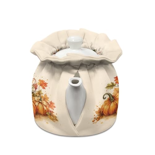 Image of Fall Bow Print Tea Cosy for Kitchen Pumpkin Print Insulated Tea Pot Dust Cover for Home Keep Warm Teapot Cover for Party Kitchen Tabletop Decor Gift for Friends