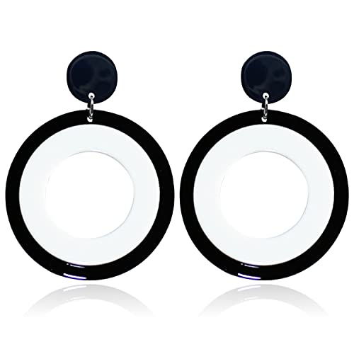 KaFu Lightweight Hollow Round Acrylic Dangle Earrings White Black Geometric resin Round Fashion Earrings for Women Party Jewelry (black+white)
