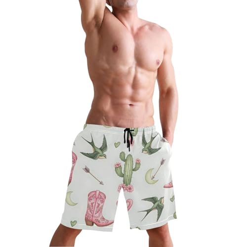 Men's Swim Trunks Quick Dry Swimming Shorts with Pocket Cactus Birds Boots Hearts Swimsuit Trunks4