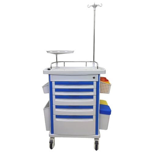 WYDDDARY Emergency Crash Cart Medical Emergency Vehicle with Drawer Infusion Stand Mobile Medication Cart Mobile Utility Cart Trolley with Lock Net Basket and Two Trashs