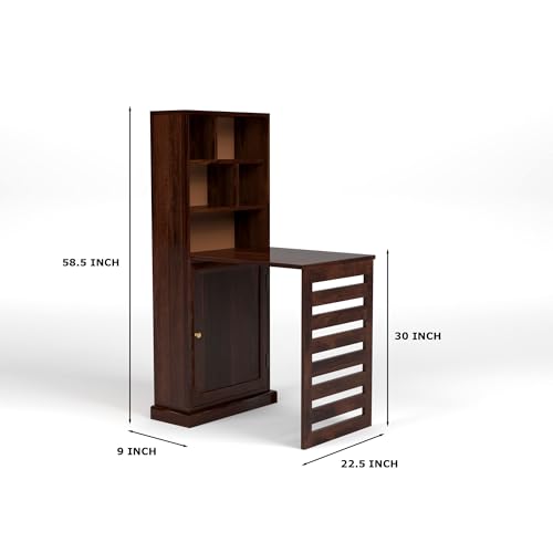 Image of Solid Sheesham Wood Foldable Study Table with Bookshelf & Storage Cabinet | Rosewood Study Desk for Home & Office (A-Walnut Finish)