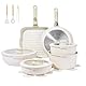 JEETEE Topfset Pfannenset mit abnehmbarem Griffen 25-Teilig, Pfanne 20/26cm, Kochtopf 18/20cm, Tiefe Bratpfanne 26cm, Grillpfanne 26cm, Stapelbar Topfset Für alle Herdarten, Antihaft, Ofenfest, Beige