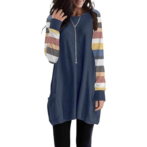 Soesdemo Striped Blue Tunic Top for Women Long Sleeve Crew Neck Shirts Casual Fashion Soft 2024 Fall Outfits Comfy Loose Fit Lightweight Pullover Tshirt Dress with Pockets Cover