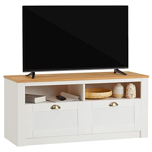 IDIMEX Meuble TV Bolton 2 tiroirs et 2 niches de Rangement, Meuble télé Design Campagne en pin Massif Blanc et Brun, dim 110x50x40 cm