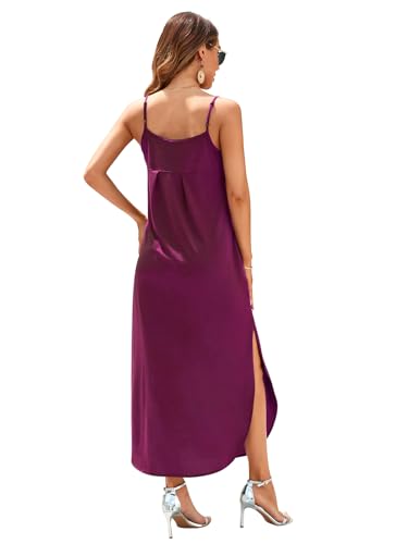Image of HUSKARY Women's Summer Casual Sleeveless V Neck Strappy Split Loose Dress Beach Cover Up Long Cami Maxi Dresses with Pocket