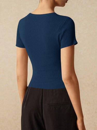 Image of Imily Bela Womens Short Sleeve Sweater Tops Summer Button Down Casual Ribbed Knit Slim Fit Cropped Cardigan Shirts